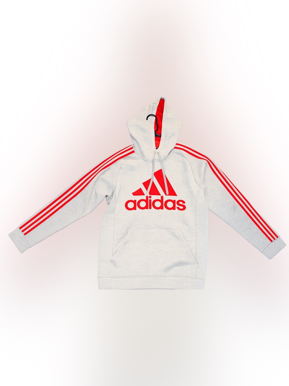 adidas Essentials Grey Hoodie with Red  3 Stripes Logo Pullover with Hood Lining